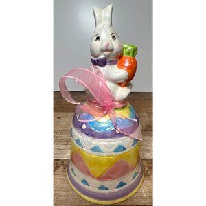 Easter Bunny Decorative Ceramic Bell With Hand-Painted Details & Pink Ribbon